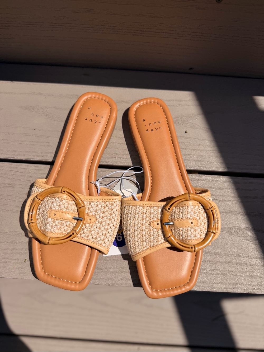 a new day Tan Woven Slide Sandals with Decorative Round Buckle